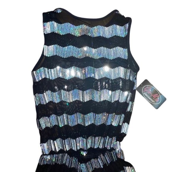 Gia mia ADULT SMALL SILVER SEQUINED STRIPED MESH PERFORMANCE DANCE JUMPER • BNWT - Picture 4 of 12